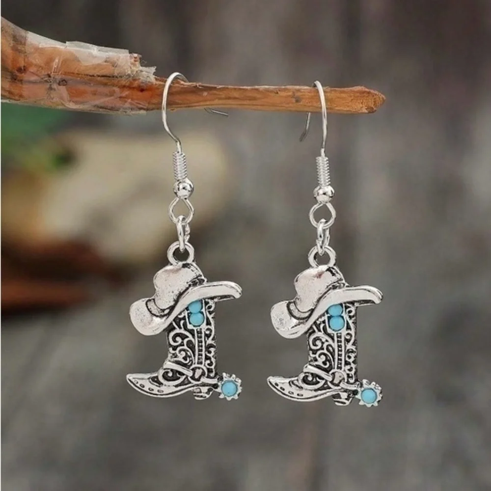 Southwest Style Turquoise Antique Silver Cowboy Boots & Hat Earrings